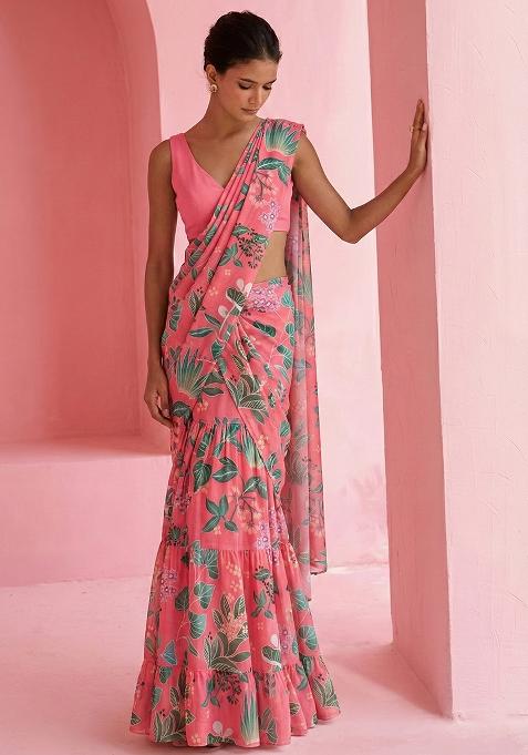 Pink Floral Print Chinon Pre Draped Saree Set
