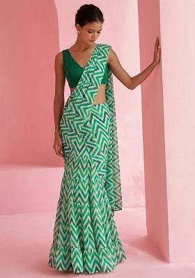 Green Abstract Print Chinon Pre Draped Saree Set