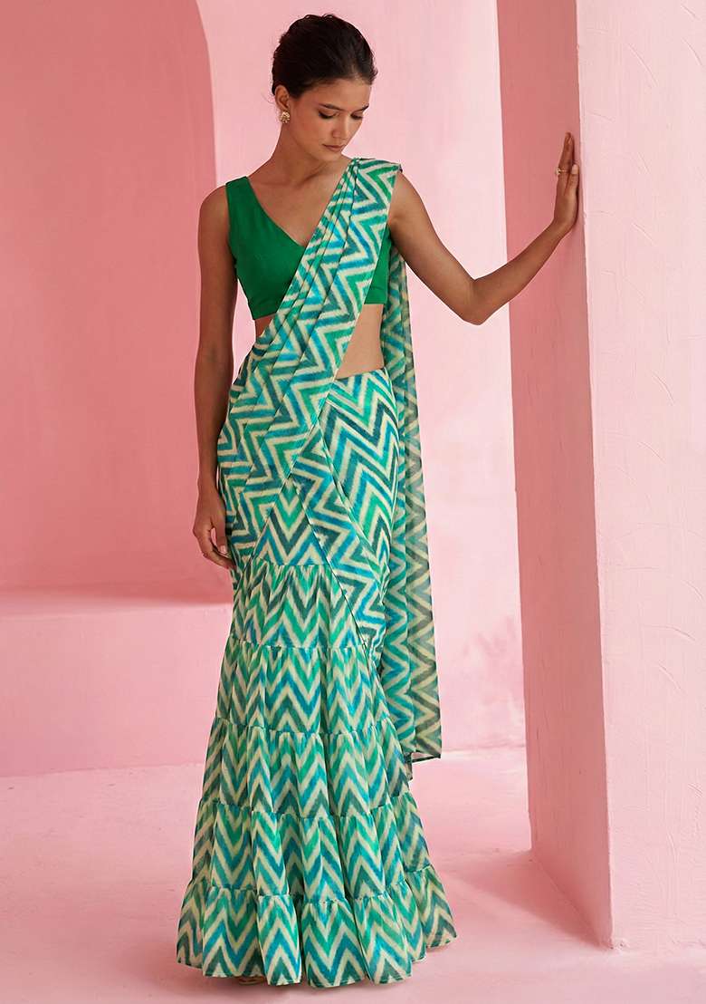 Green Abstract Print Chinon Pre Draped Saree Set - Indya