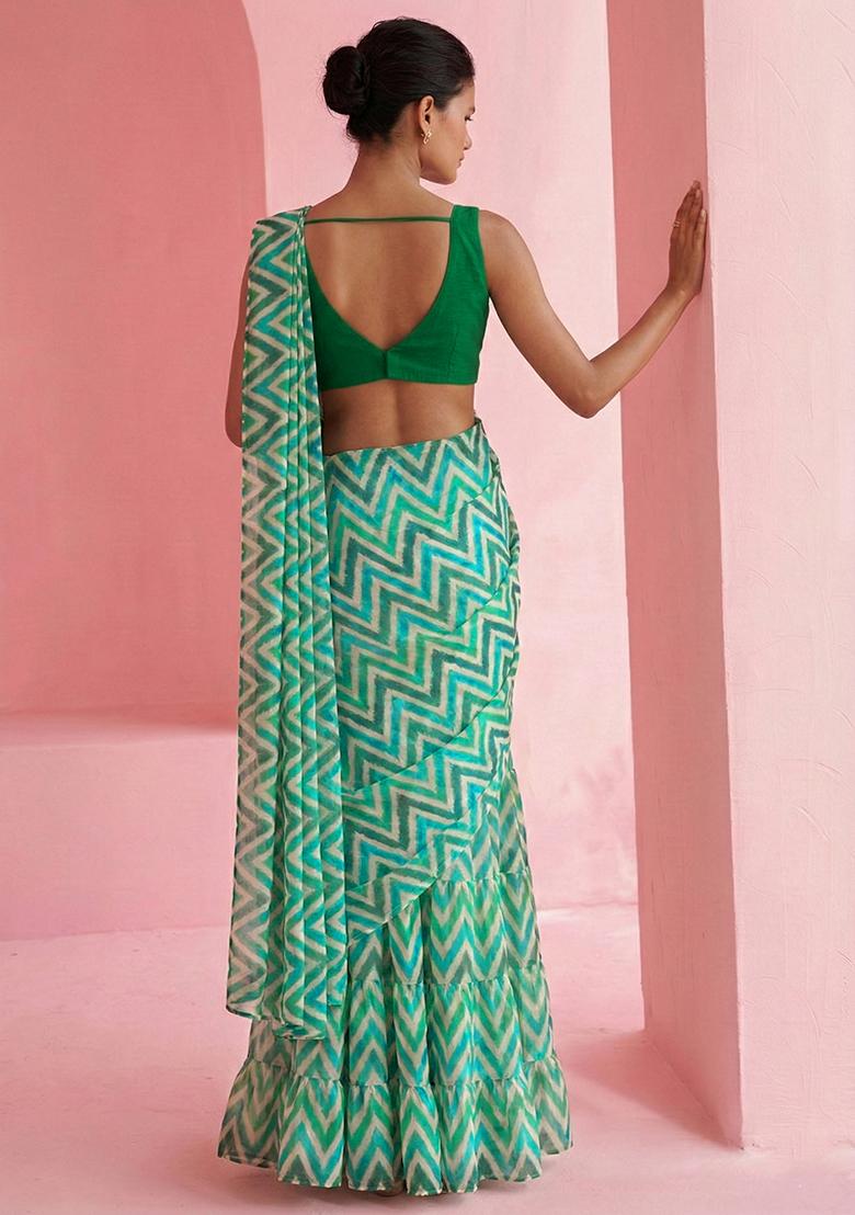 Green Abstract Print Chinon Pre Draped Saree Set - Indya