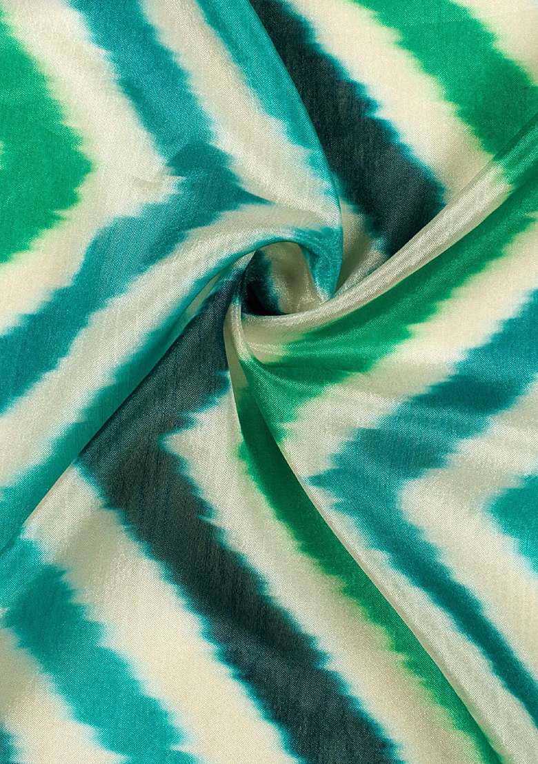 Green Abstract Print Chinon Pre Draped Saree Set - Indya