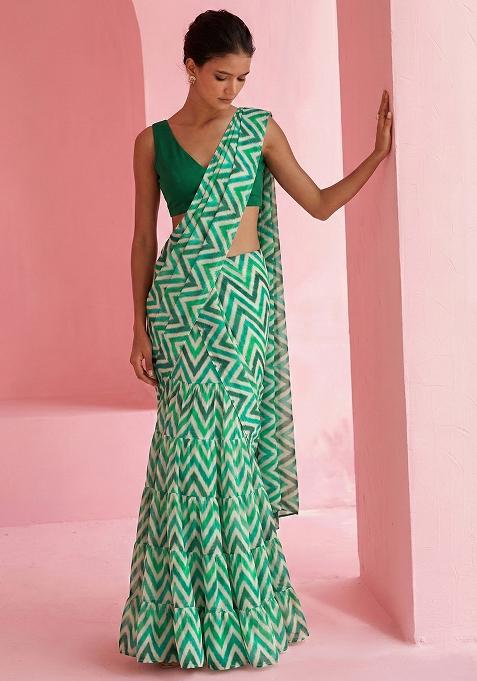 Green Abstract Print Chinon Pre Draped Saree Set