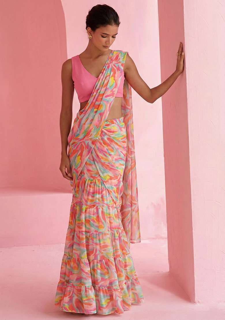 Pink Abstract Print Chinon Pre Draped Saree Set - Indya