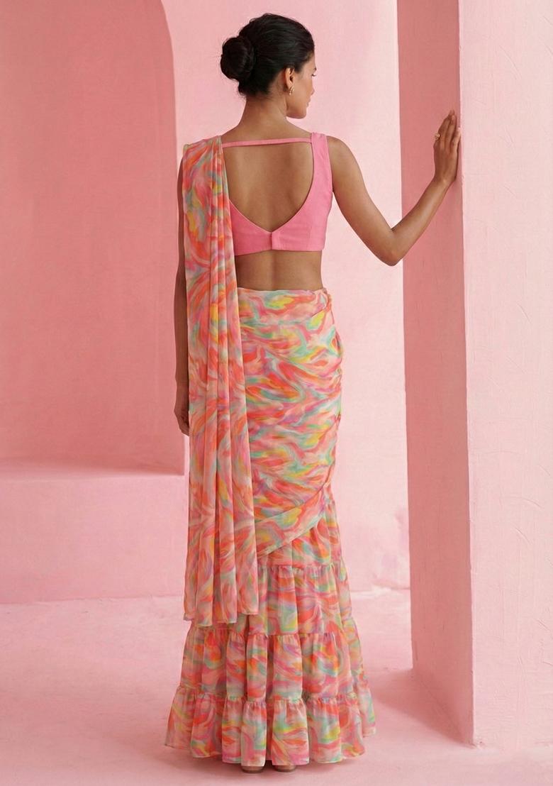 Pink Abstract Print Chinon Pre Draped Saree Set - Indya