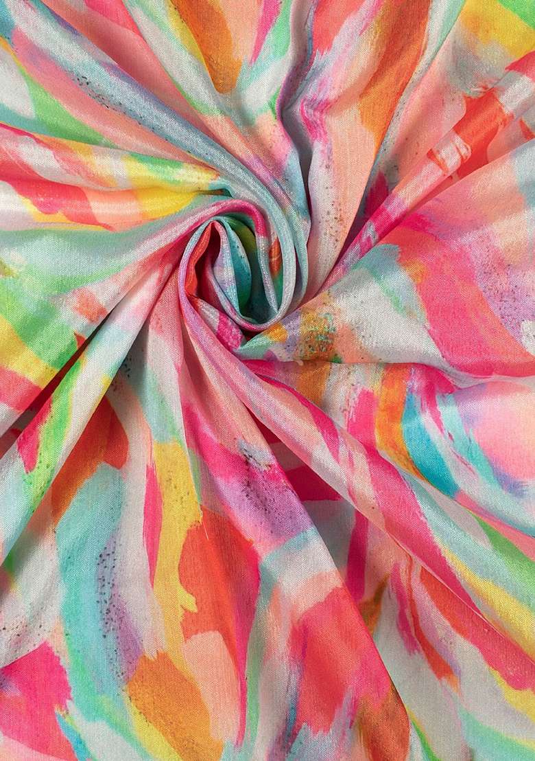 Pink Abstract Print Chinon Pre Draped Saree Set - Indya