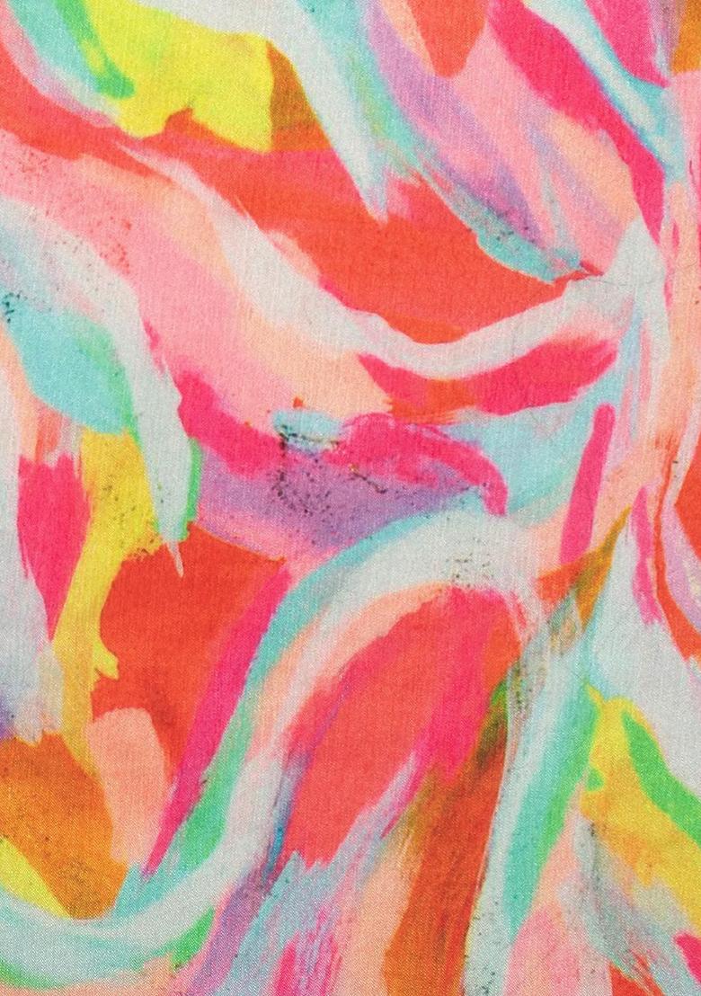 Pink Abstract Print Chinon Pre Draped Saree Set - Indya