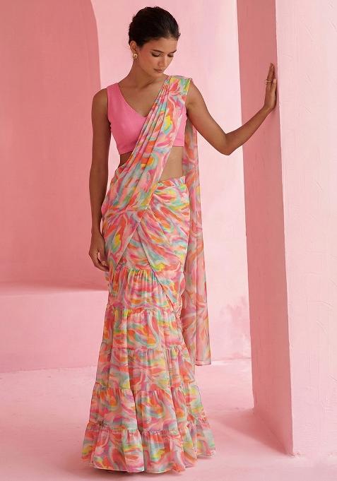 Pink Abstract Print Chinon Pre Draped Saree Set