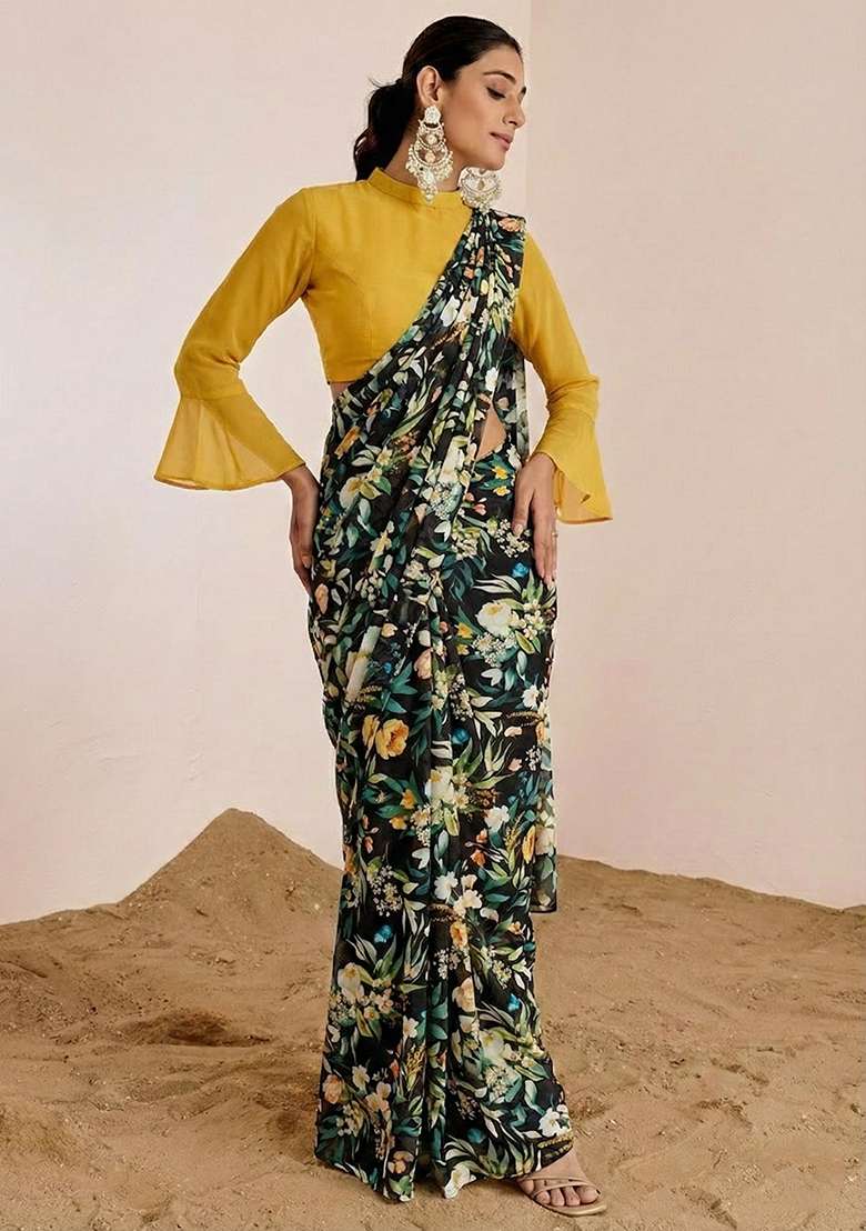 Black Floral Print Satin Pre Draped Saree Set - Indya