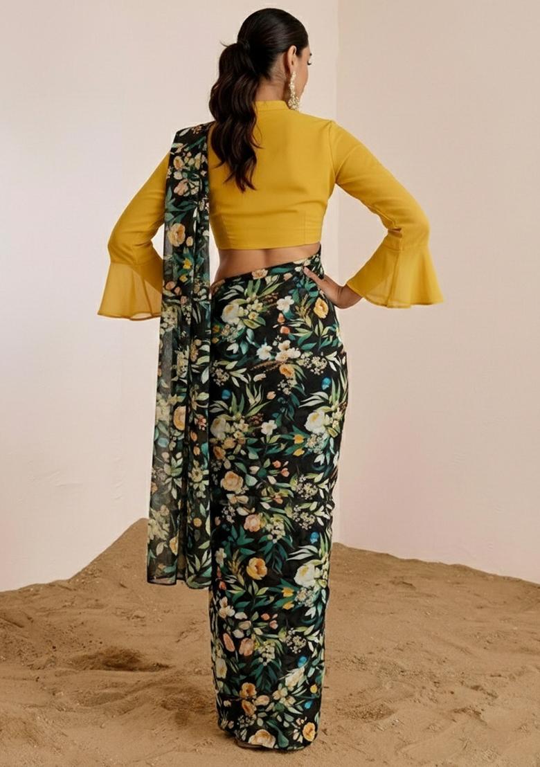 Black Floral Print Satin Pre Draped Saree Set - Indya