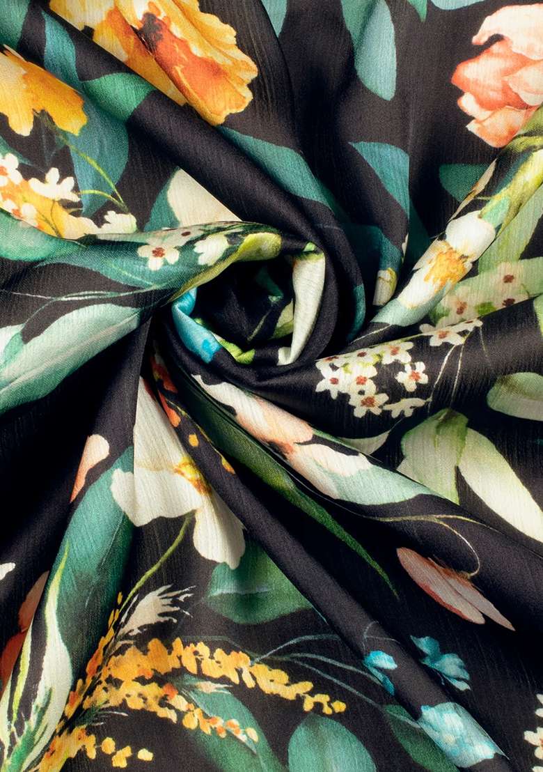 Black Floral Print Satin Pre Draped Saree Set - Indya