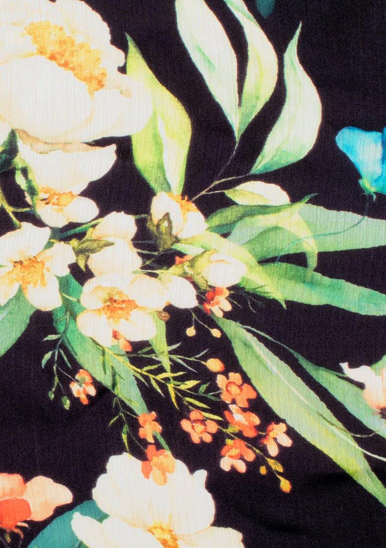 Black Floral Print Satin Pre Draped Saree Set - Indya