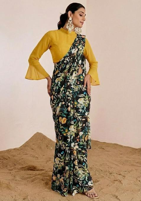 Black Floral Print Satin Pre Draped Saree Set