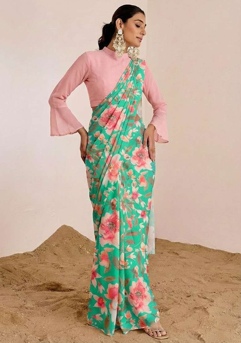 Aqua Blue Floral Print Satin Pre Draped Saree Set - Indya