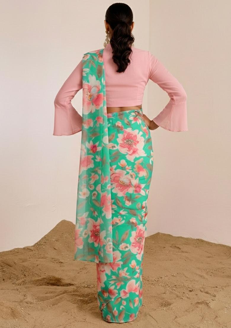 Aqua Blue Floral Print Satin Pre Draped Saree Set - Indya