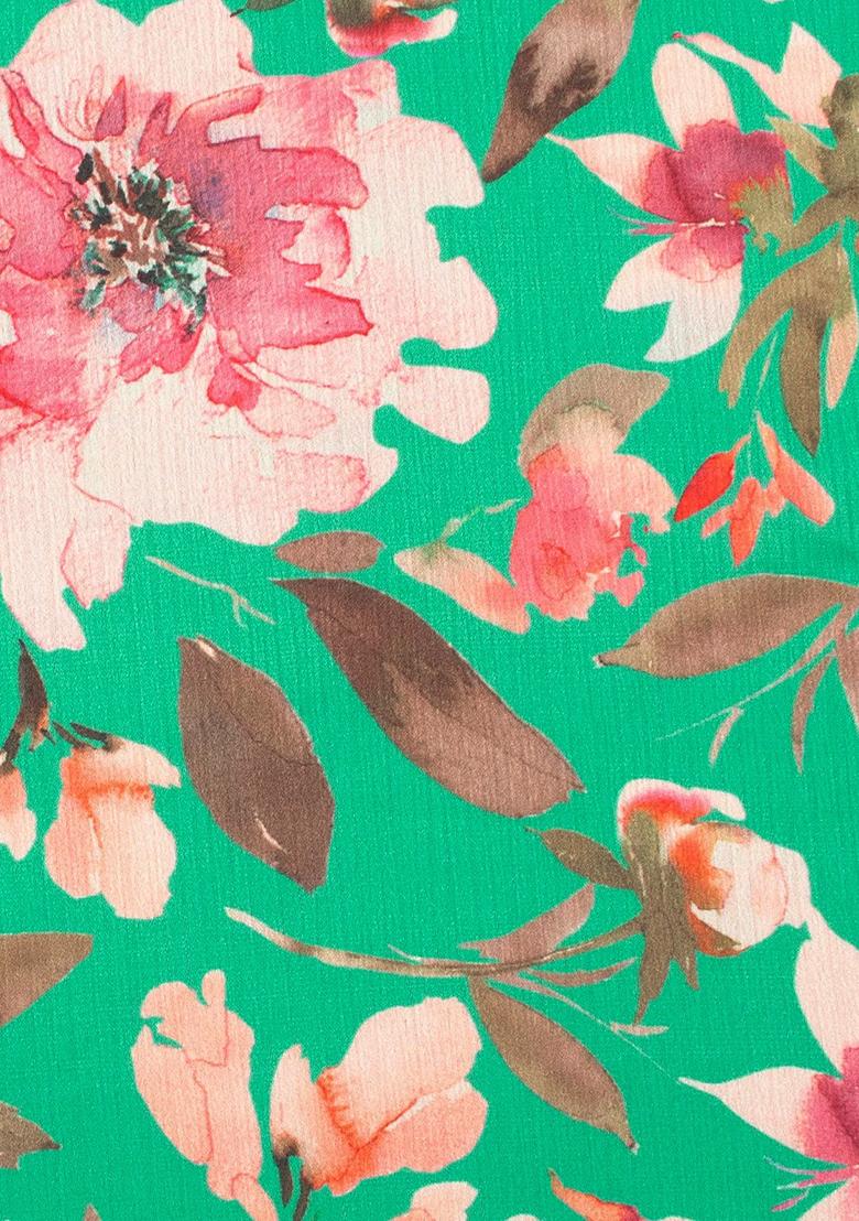 Aqua Blue Floral Print Satin Pre Draped Saree Set - Indya