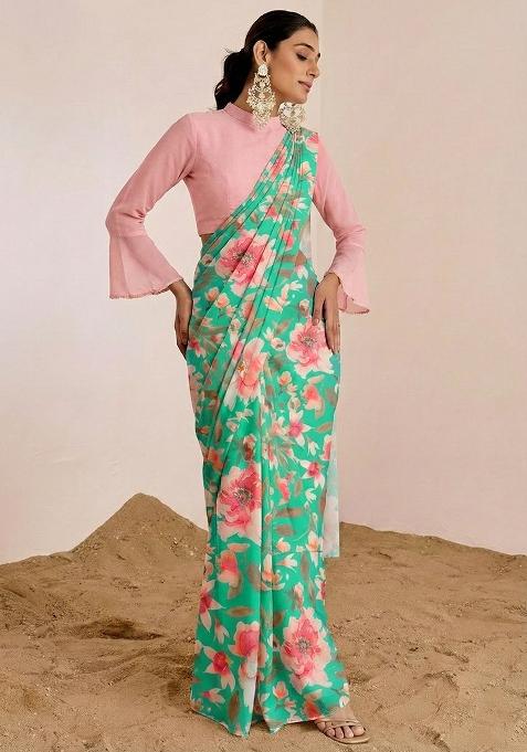 Aqua Blue Floral Print Satin Pre Draped Saree Set