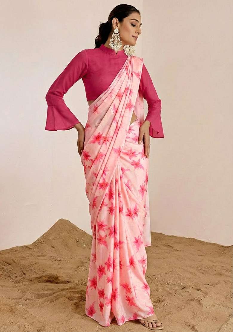 Light Pink Floral Print Satin Pre Draped Saree Set - Indya