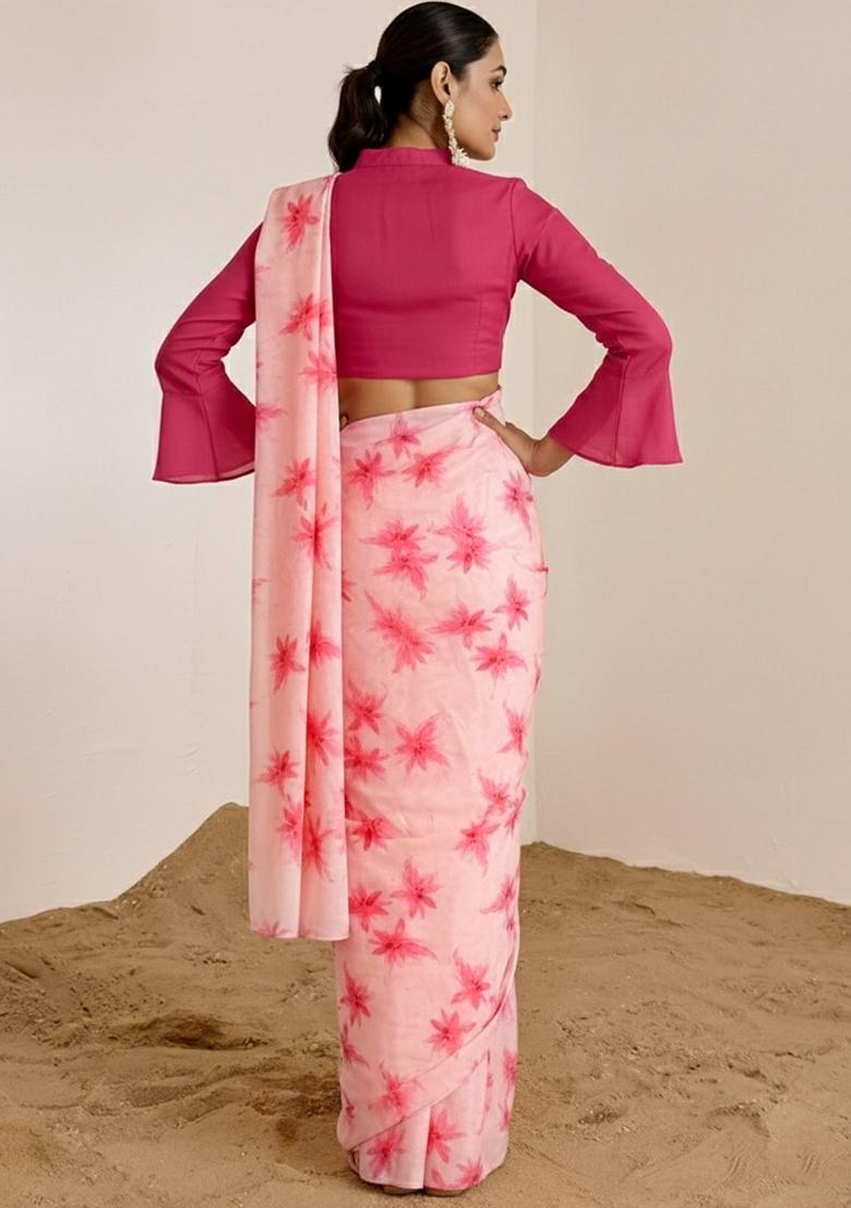 Light Pink Floral Print Satin Pre Draped Saree Set - Indya