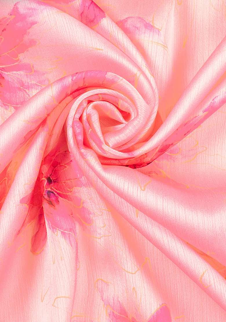 Light Pink Floral Print Satin Pre Draped Saree Set - Indya