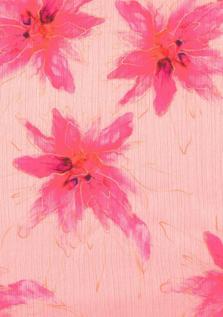 Light Pink Floral Print Satin Pre Draped Saree Set - Indya