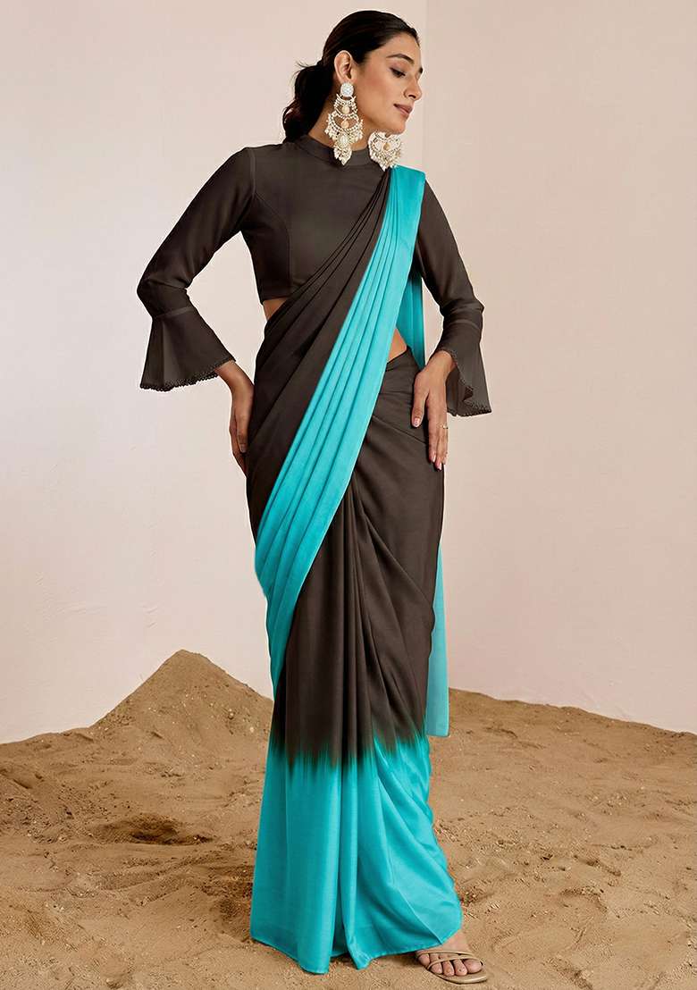 Dark Brown Satin Pre Draped Saree Set - Indya