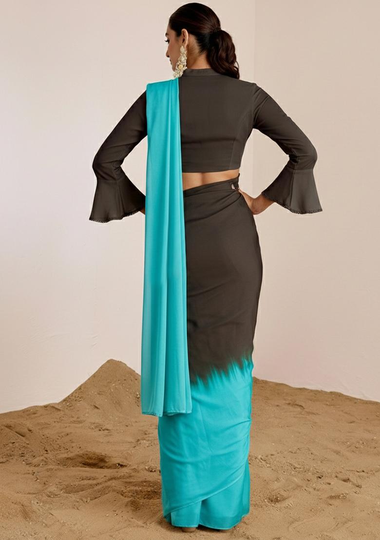 Dark Brown Satin Pre Draped Saree Set - Indya