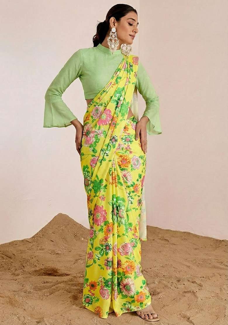 Butter Yellow Floral Print Satin Pre Draped Saree Set - Indya