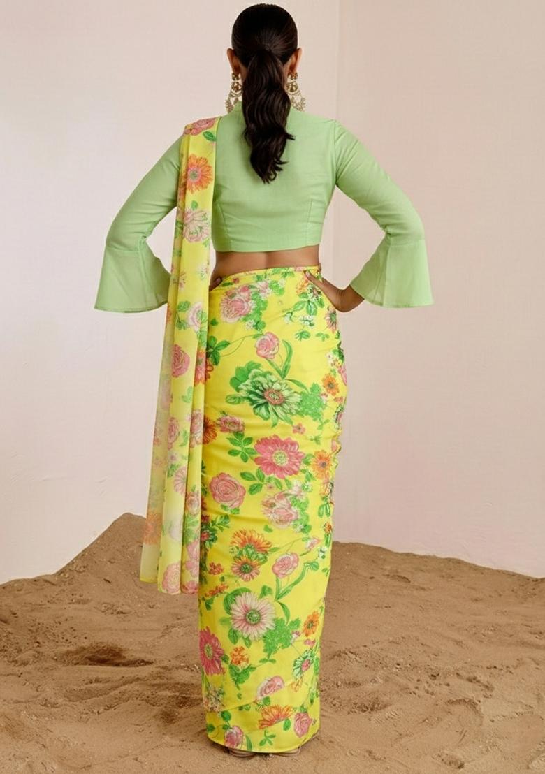 Butter Yellow Floral Print Satin Pre Draped Saree Set - Indya