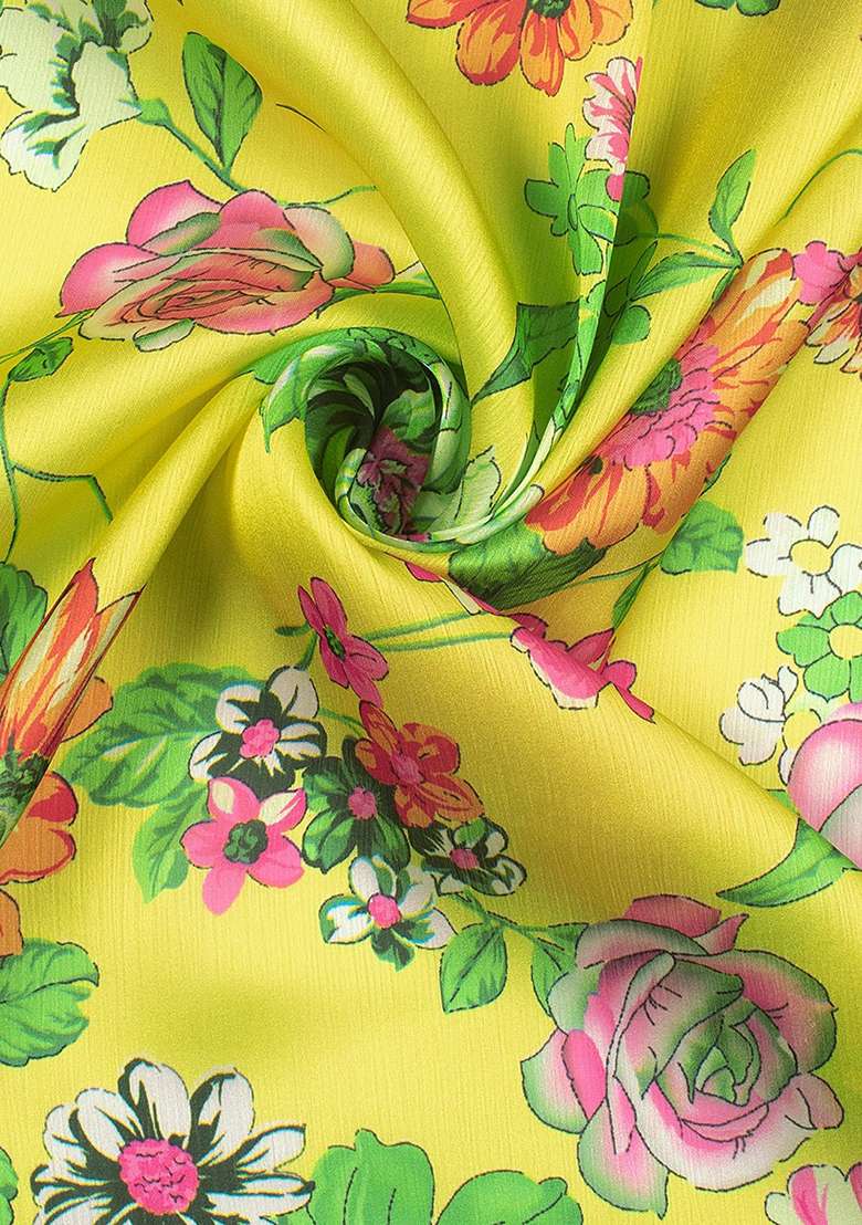 Butter Yellow Floral Print Satin Pre Draped Saree Set - Indya