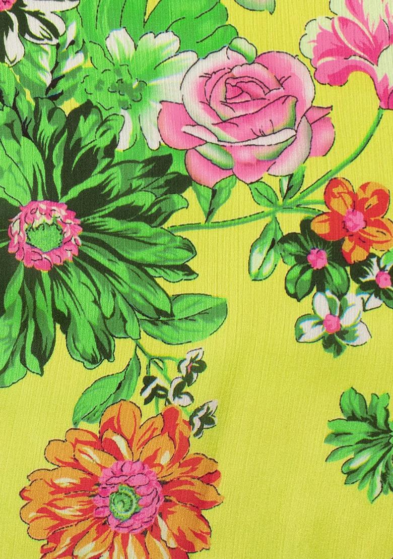 Butter Yellow Floral Print Satin Pre Draped Saree Set - Indya