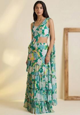 Ivory Floral Print Satin Pre Draped Saree Set