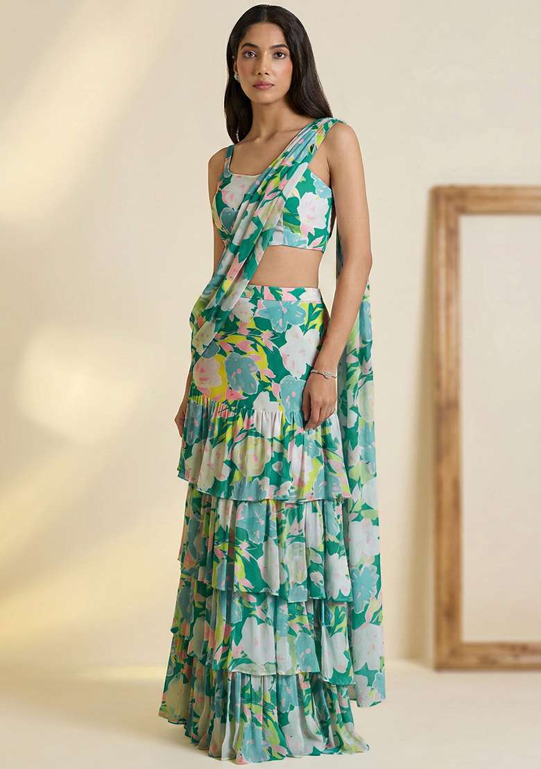 Ivory Floral Print Satin Pre Draped Saree Set - Indya