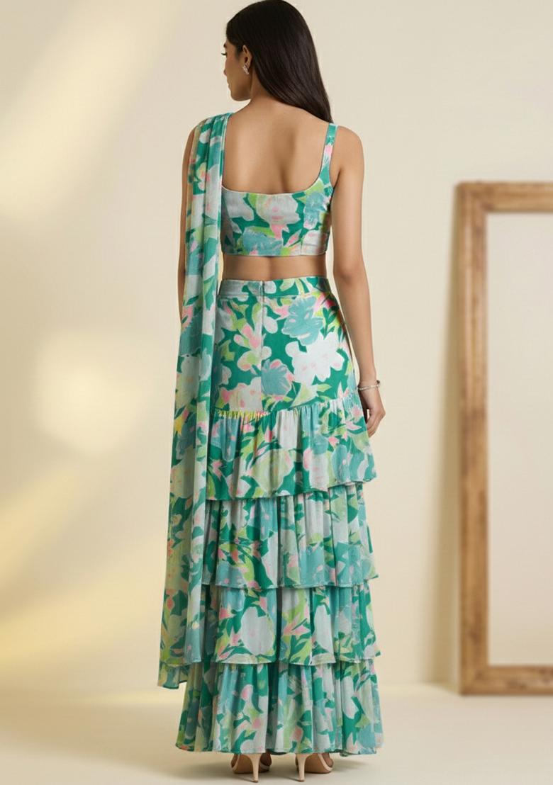 Ivory Floral Print Satin Pre Draped Saree Set - Indya