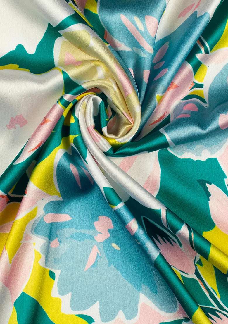 Ivory Floral Print Satin Pre Draped Saree Set - Indya