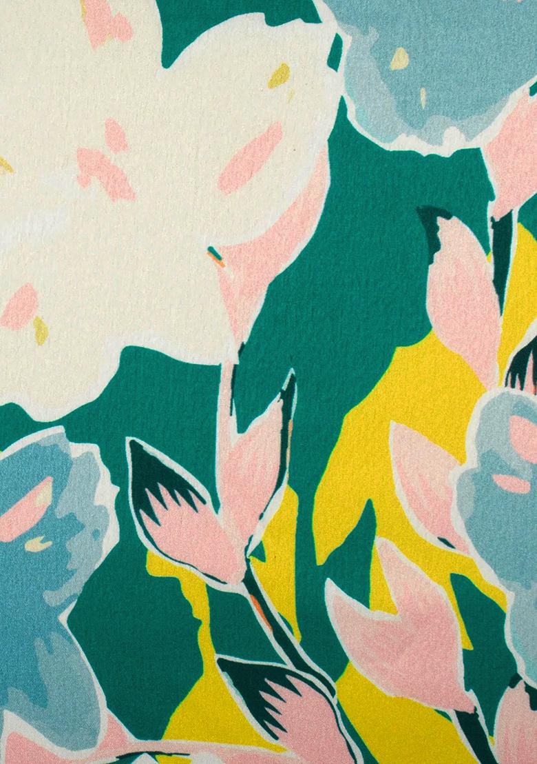 Ivory Floral Print Satin Pre Draped Saree Set - Indya