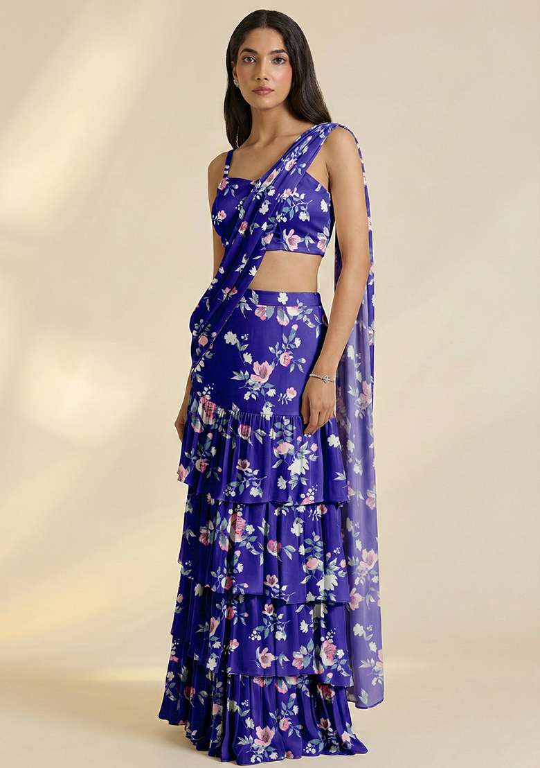 Purple Floral Print Satin Pre Draped Saree Set - Indya
