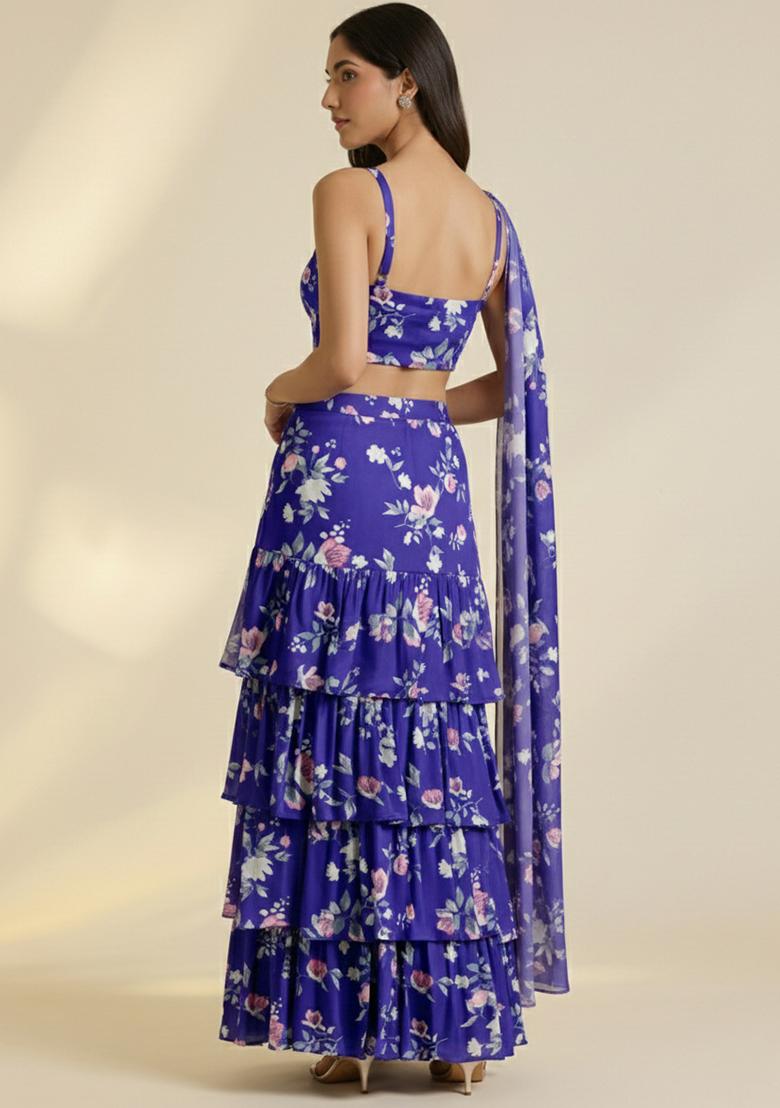 Purple Floral Print Satin Pre Draped Saree Set - Indya