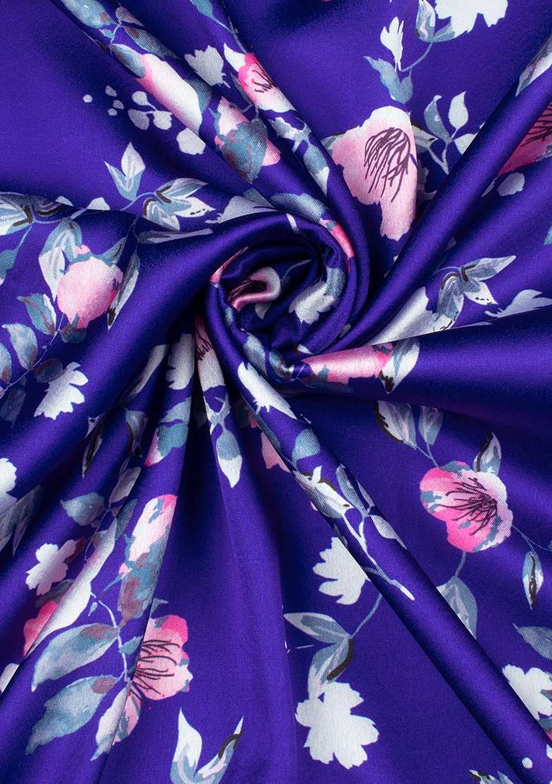 Purple Floral Print Satin Pre Draped Saree Set - Indya
