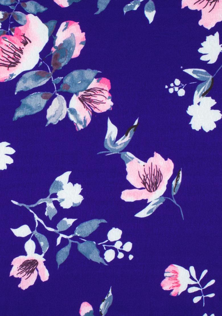 Purple Floral Print Satin Pre Draped Saree Set - Indya