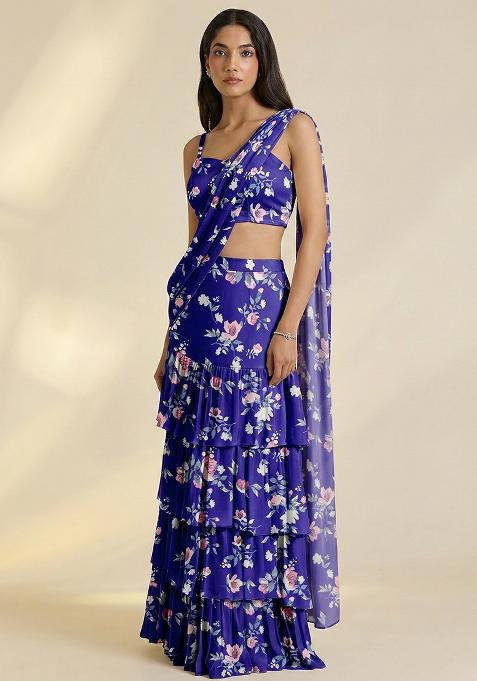 Purple Floral Print Satin Pre Draped Saree Set