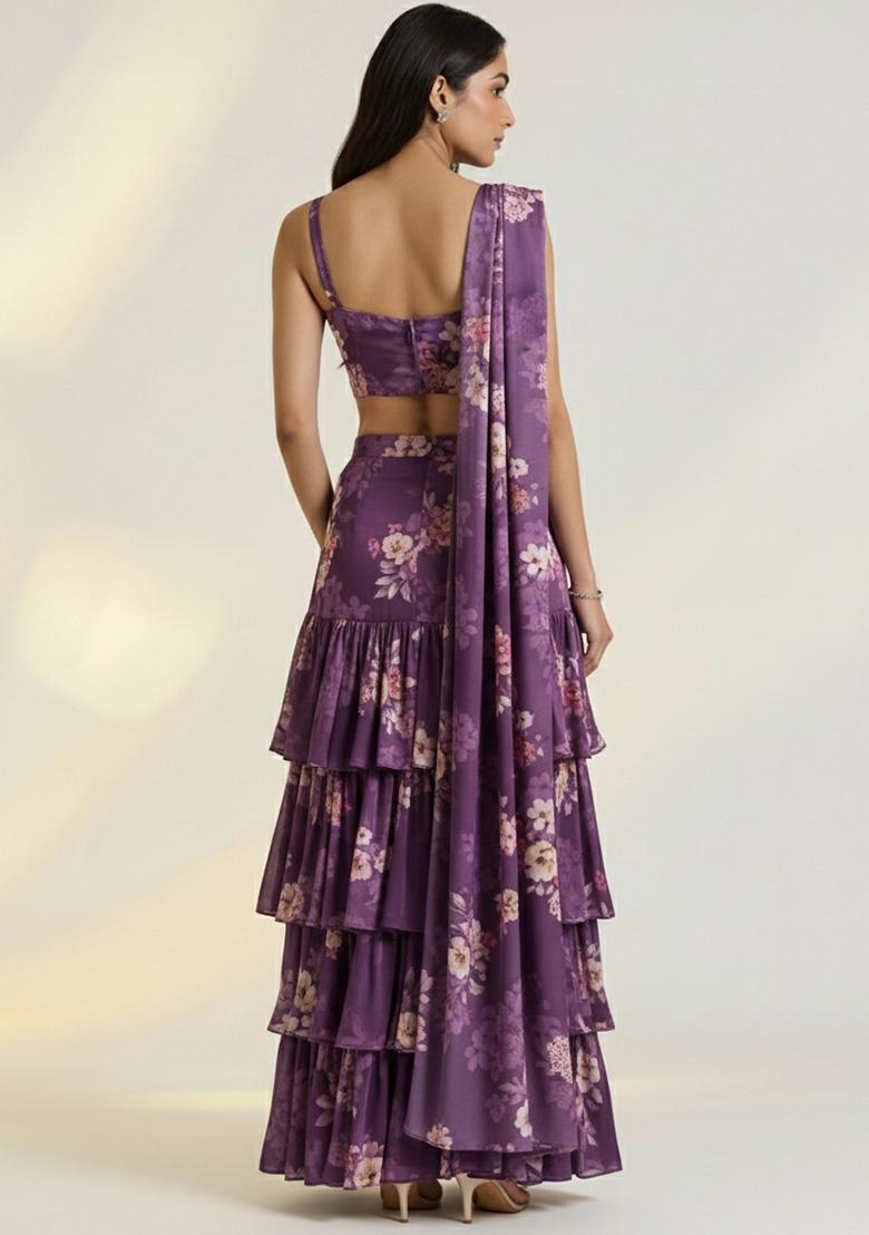 Purple Floral Print Satin Pre Draped Saree Set - Indya