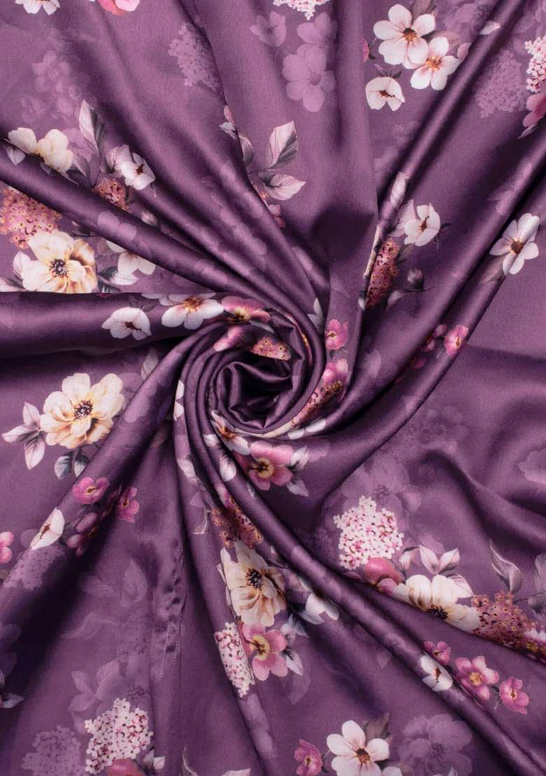 Purple Floral Print Satin Pre Draped Saree Set - Indya