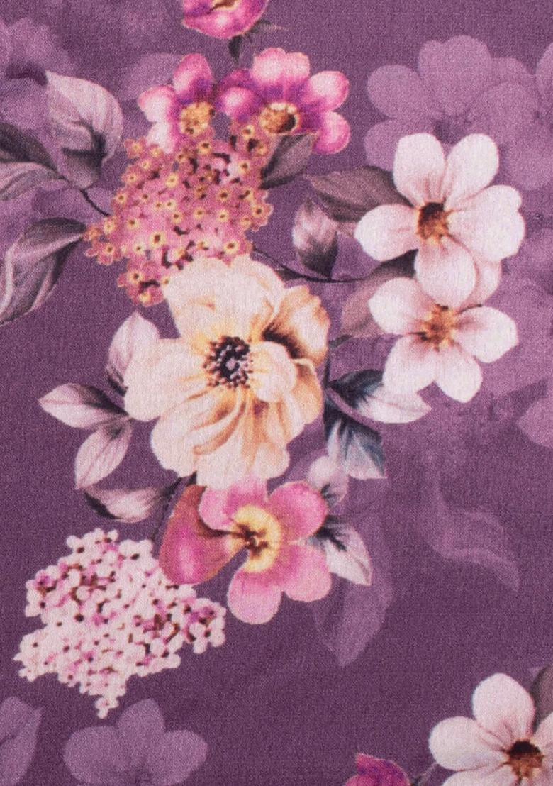 Purple Floral Print Satin Pre Draped Saree Set - Indya