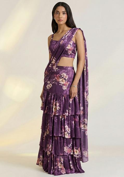 Purple Floral Print Satin Pre Draped Saree Set