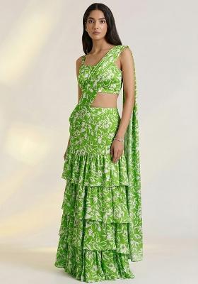 Leaf Green Floral Print Satin Pre Draped Saree Set