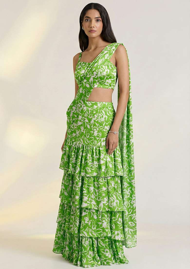 Leaf Green Floral Print Satin Pre Draped Saree Set - Indya