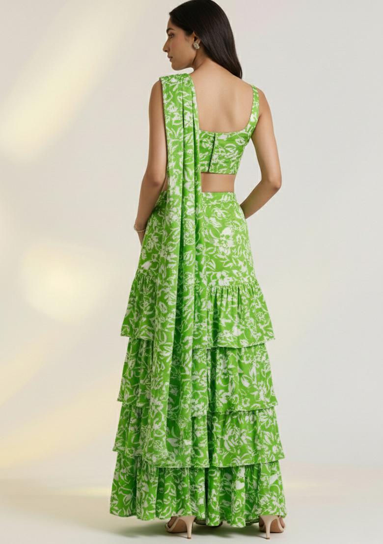 Leaf Green Floral Print Satin Pre Draped Saree Set - Indya