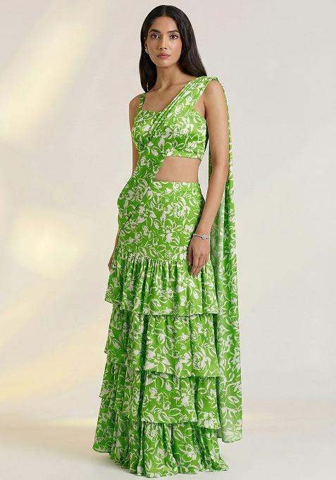 Leaf Green Floral Print Satin Pre Draped Saree Set