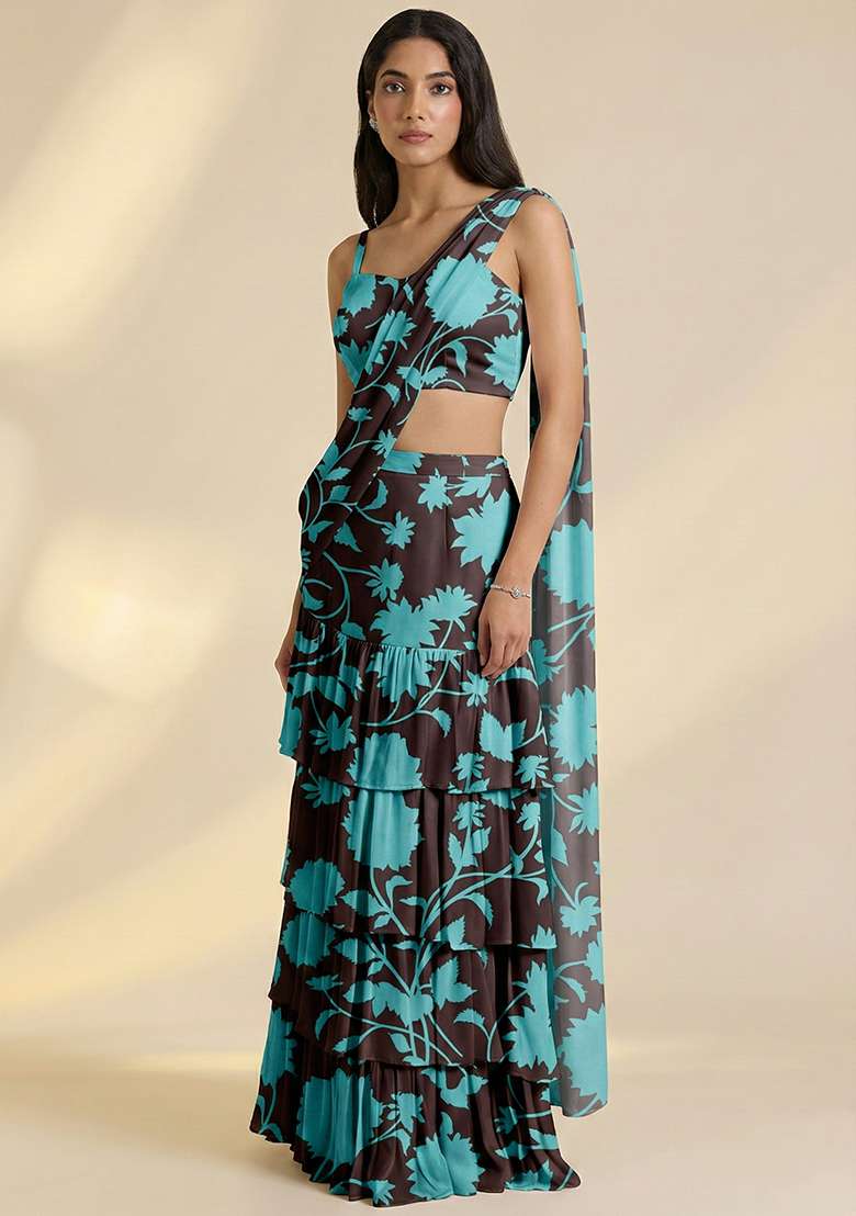 Aqua Green Floral Print Satin Pre Draped Saree Set - Indya