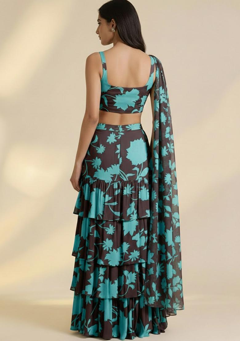 Aqua Green Floral Print Satin Pre Draped Saree Set - Indya